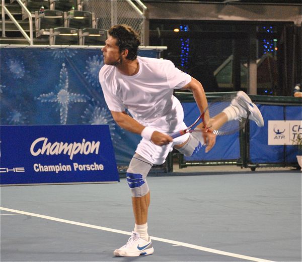 Mark Philippoussis serving against Aaron Krickstein Tuesday night at the Delray Beach ITC. 
