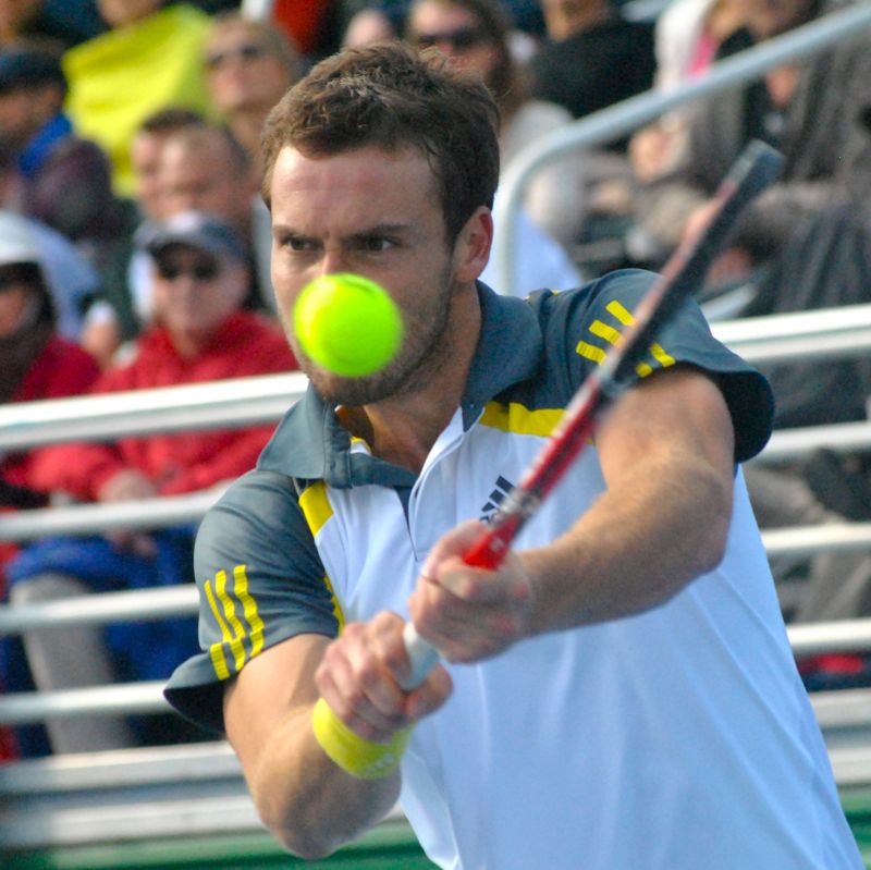 Keeping his eyes on the ball ... Ernests Gulbis in his finals match against Edouard Roger-Vasselin of France. Gulbis won
